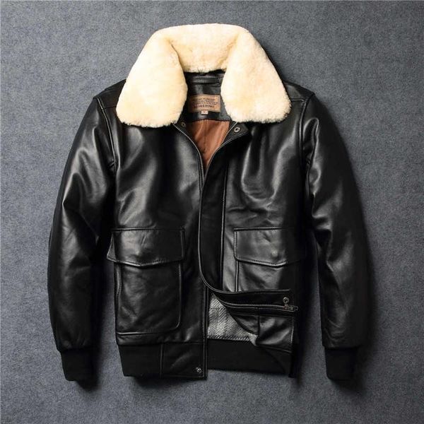 

men's leather & faux bomikeronny force air g1 military spec flight jecket fur collar winter genuine jacket men sheepskin bomber coat fo, Black