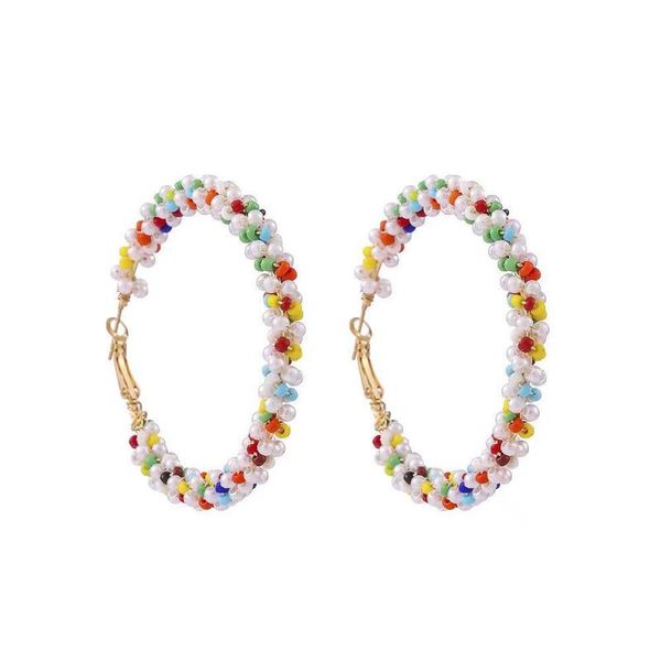 

hoop & huggie bohemian fashion colorful round beads ethnic handmade big circle earring for women party accessories, Golden;silver