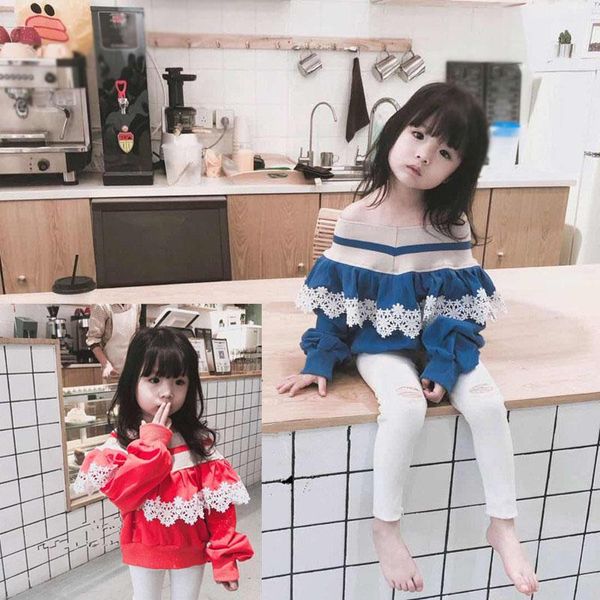 

t-shirts spring and autumn girls' t-shirt shoulderless sweatshirt long sleeve clothes striped v-neck lace stitching kids costumes, Blue