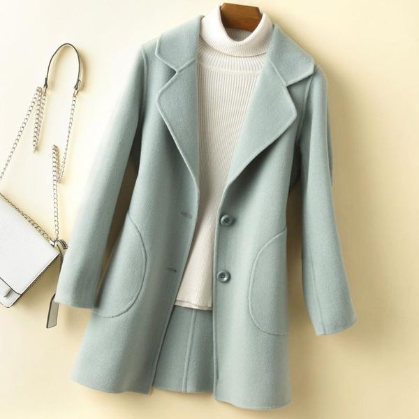 

women's wool & blends 2021 autumn winter jacket womens clothing double-sided cashmere woolen coats slim wild overcoat female plus size, Black