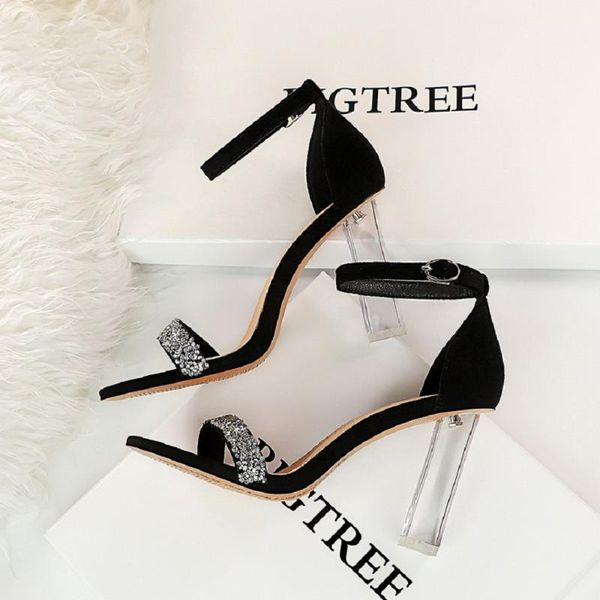 

sandals nightclub summer high heels transparent heel super luxury party pumps shoes rhinestones word belt, Black