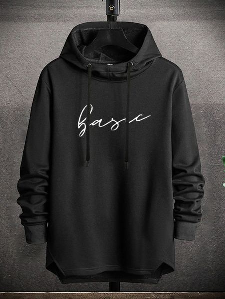 

men letter graphic asymmetrical hem drawstring hoodie d2vq#, Black