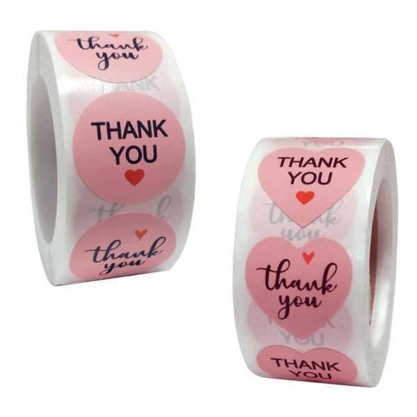 

500pcs pink thank you stickers circle heart sticker 1" for package seal label tag wedding favor baby shower gift card wrap