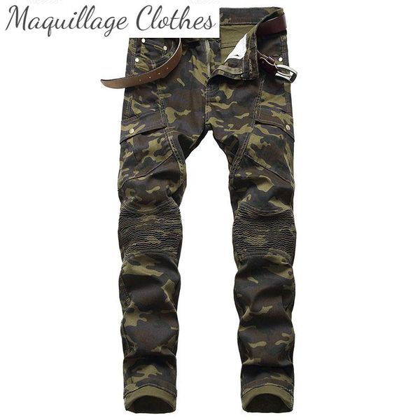 

fashion men's cargo motorcycle denim trousers military style biker jeans pants multi pockets, Blue