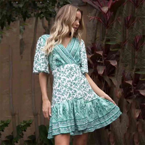 

v neck summer wrap dress women bohemian flower print beach ruffle short mini boho casual green vintage 210415, Black;gray