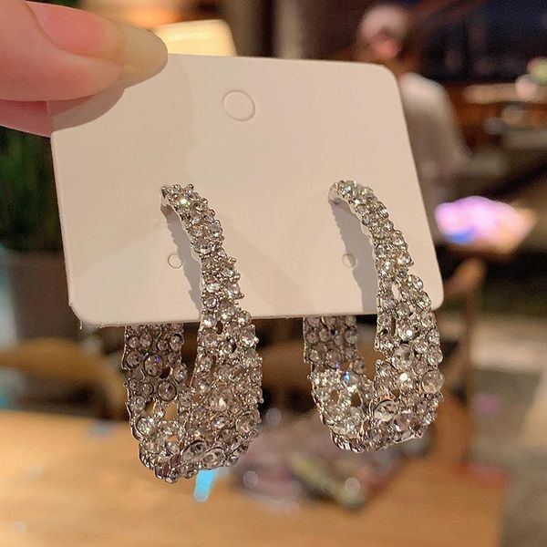 

hoop & huggie origin summer shining curve geometric earring for women girls rhinestone silver color metallic jewellery, Golden;silver
