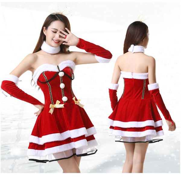 

casual dresses women's christmas shoulder less waist dress red bra white faux fur mini skirt matching sleeve santa clause costume outfi, Black;gray