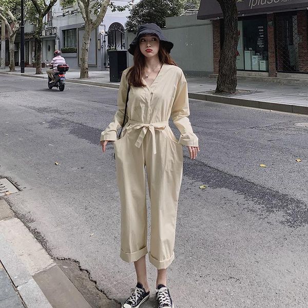 

spring and autumn youth pure color belt single breasted fashion casual loose mid-waist jumpsuit khaki s- men's pants, Black