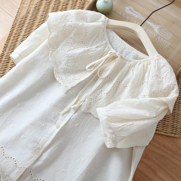 

women's blouses & shirts embroidery hollow out short-sleeved shirt, White