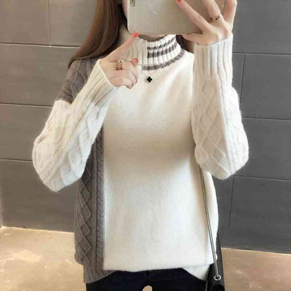 

stand neck womens sweaters long sleeve clothes loose pullover knitted bottoming shirts color matching 603j, White;black