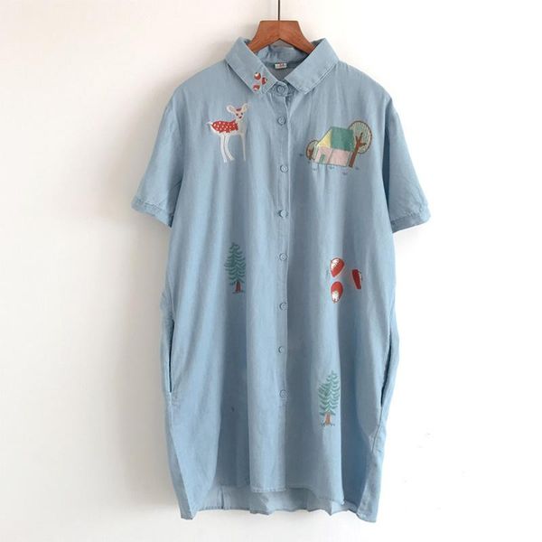 

women's blouses & shirts soft denim material embroidery women long shirrts vintage 2021 blue straight short-sleeved casual female outwe, White