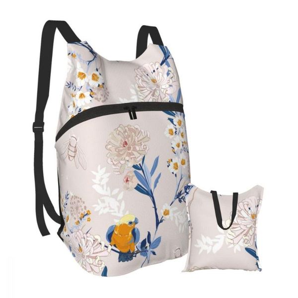 

backpack packable foldable outdoor folding handy travel bag men women vintage japanese blooming flowers branches leaves birds