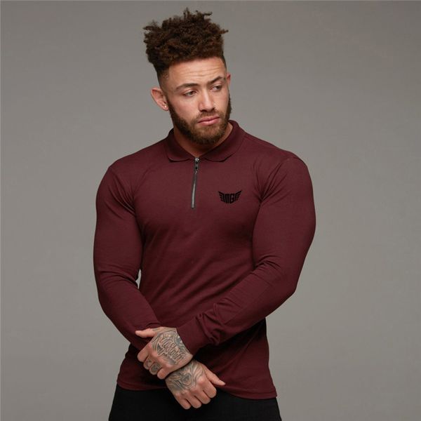 Poloshirt Langarm Herren Slim Fit Homber Baumwolle Modemarke Muscle Guys Kleidung Fitnessstudio Sport FItness Turn Collar Poloshirt 210421