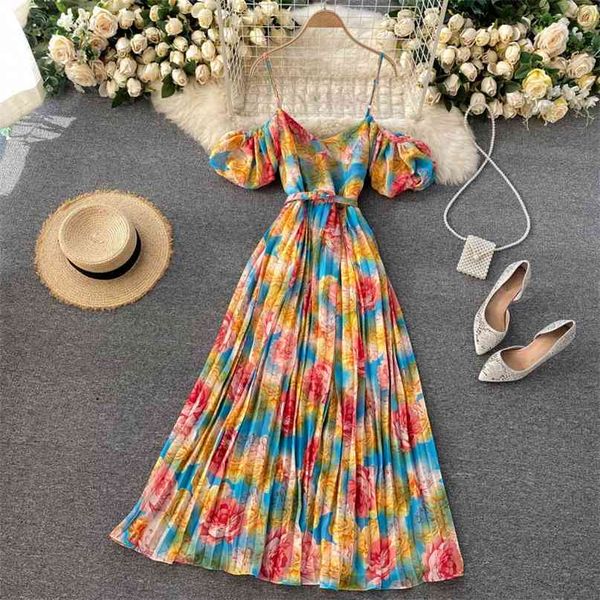 Bohemian Beach Holiday Dress Donna Summer Scollo a V Cinturino con spalle scoperte Manica a sbuffo Stampa floreale Maxi Chiffon 210603