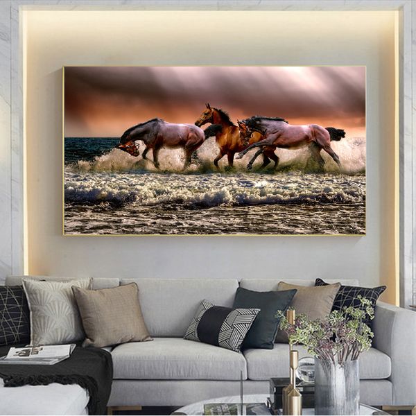 Grande tamanho de pintura animal parede de parede correndo marrom cavalo poster hd impressão para sala de estar decoração de estudo imagem sem moldura