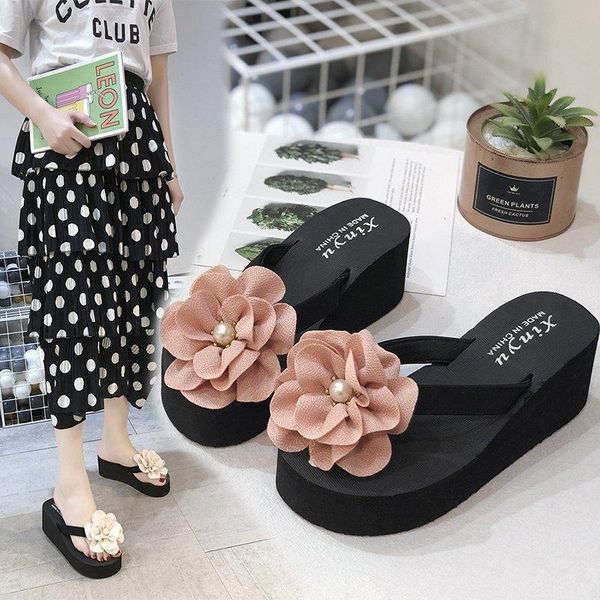 

slippers high heeled for women 2021 summer flat beach shoes floral flops large size slipper zapatillas de mujer, Black