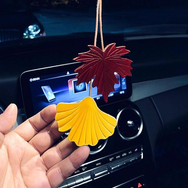 

layer leather car pendant creative maple ginkgo leaf rearview mirror hanging chain ornaments interior decoration strap decorations