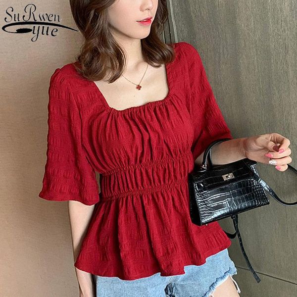 

women's t-shirt summer korean short-sleeve pleated women clothing ol style waist priming woman's shirts solid flare sleeve base sh, White