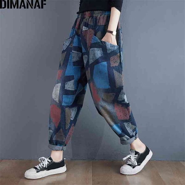

plus size women jeans pants autumn winter denim harem fashion print elastic waist oversize trousers streetwear 210531, Blue