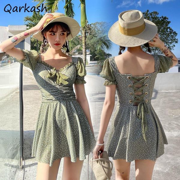

women's swimwear cover-up women short sleeve dot design high waist soft beachwear korean style bandage prairie chic summer bathing suit, White;black