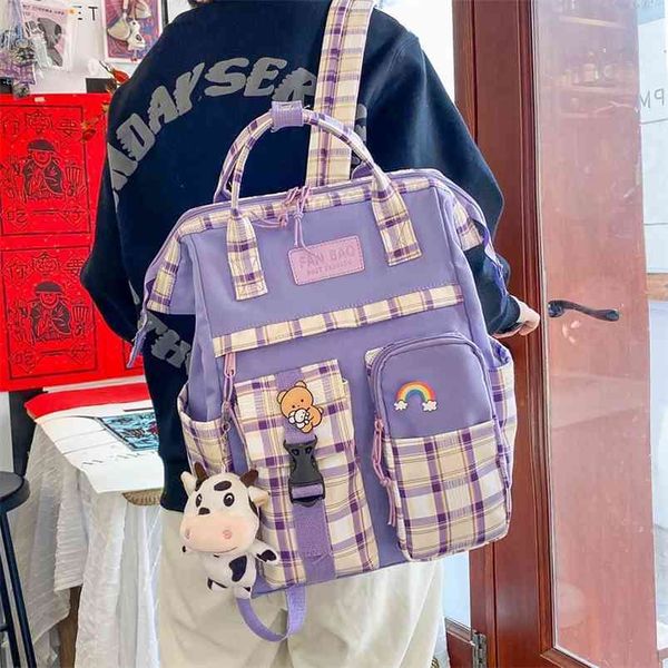 

vintage casual women plaid purple backpacks fashion black cow pattern travel bag for teenager girls backpack school bag 210922