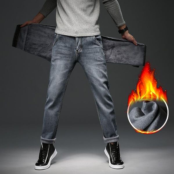 

men's jeans plush stretch fall/winter business straight-leg trousers blue-gray classic regular-fit plus size brand