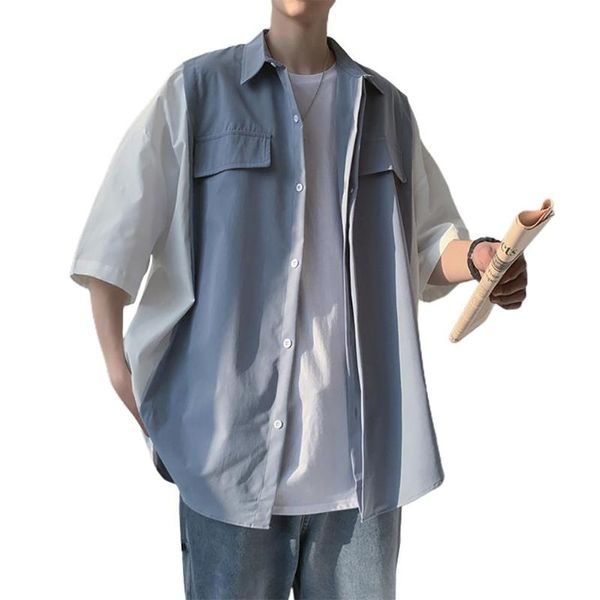 

men casual fashionable fake two pieces turn down collar half sleeves shirt men's shirts, White;black