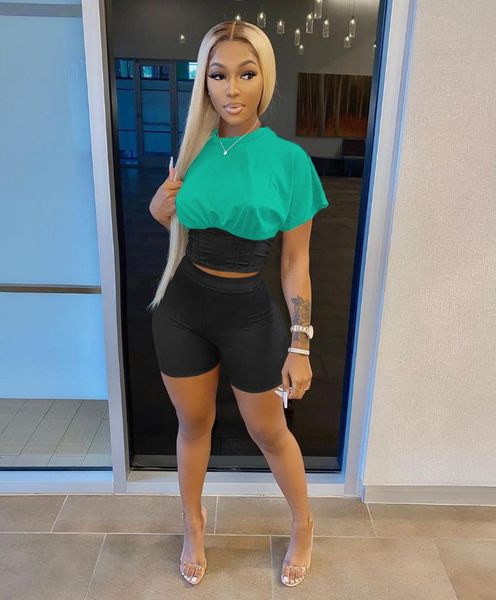 

women's tracksuits summer color matching two piece set women fashion o-neck short sleeved clim suit casual, Gray