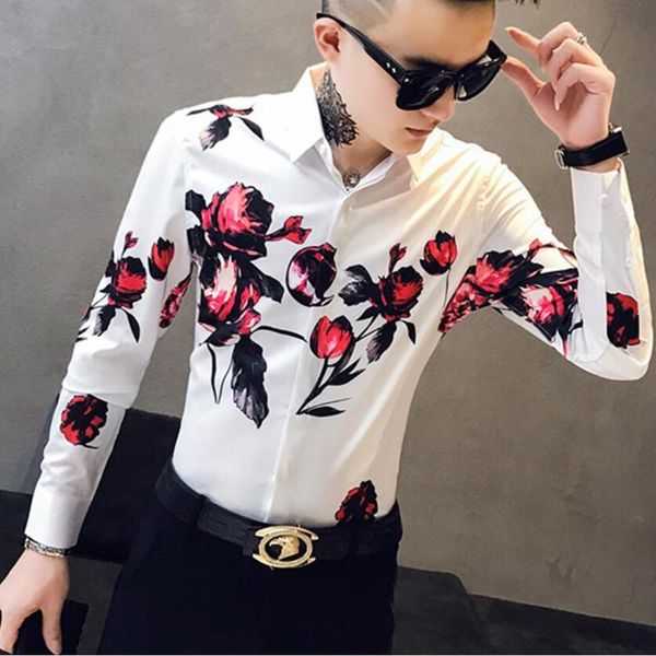 

men's casual shirts 2021 fashion boutique print slim fit mens long-sleeved shirt / high-end social brand men club prom, White;black