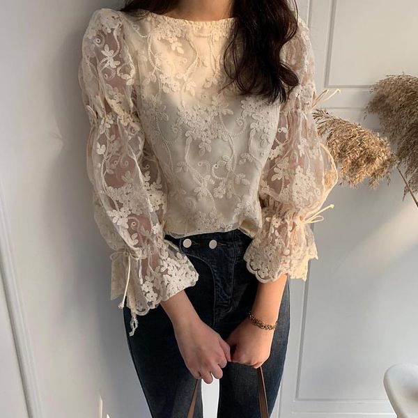 

women's blouses & shirts fashion embroidered lace elegant flare sleeve casual women blouse blusa 2021 spring autumn girl chiffon shirt, White