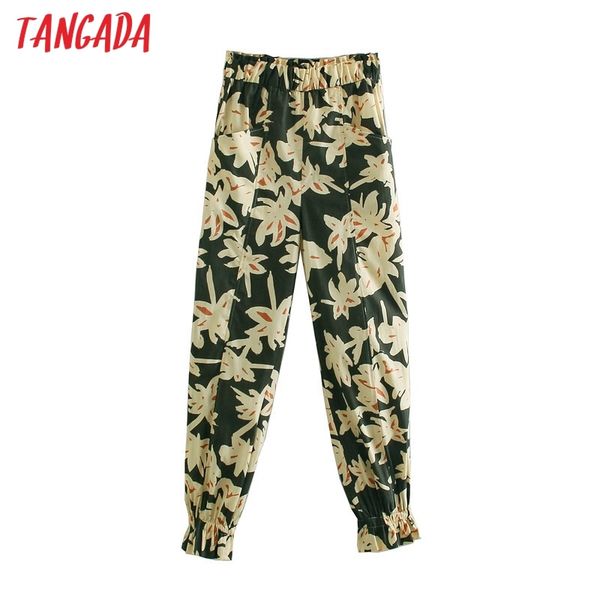 

women green floral print long trousers vintage style strethy waist lady pants pantalon 5z76 210416, Black;white