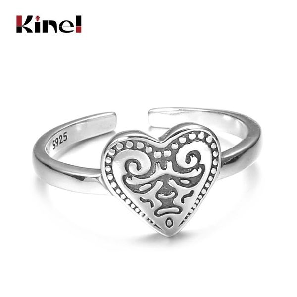 

cluster rings kinel 925 silver ring adjustable vintage punk heart women jewelry original pattern design sterling bague bijoux, Golden;silver