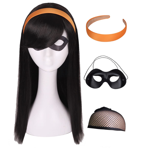 

synthetic wigs fgy 22 inch long straight hair wig black cosplay halloween costume party heat resistant + eye mask headband