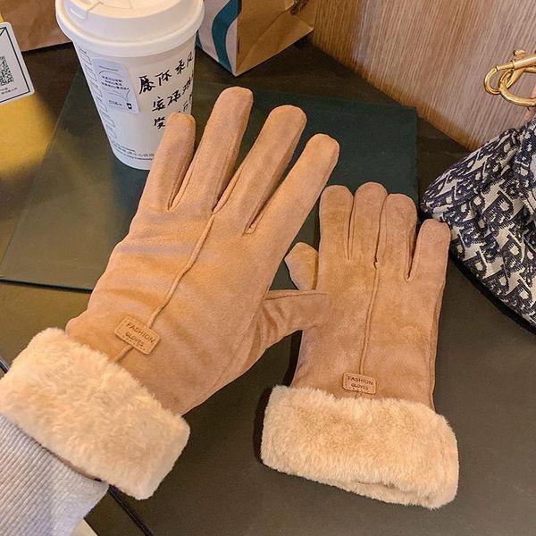 

five fingers gloves ins winter girls cute plush thickened warm and cold proof suede touch screen outdoor sports riding finger, Blue;gray