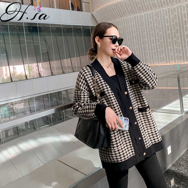 

h.sa autumn and winter houndstooth loose long knitted cardigan v-neck elegnat women's sweater coat female winter 210716, White;black