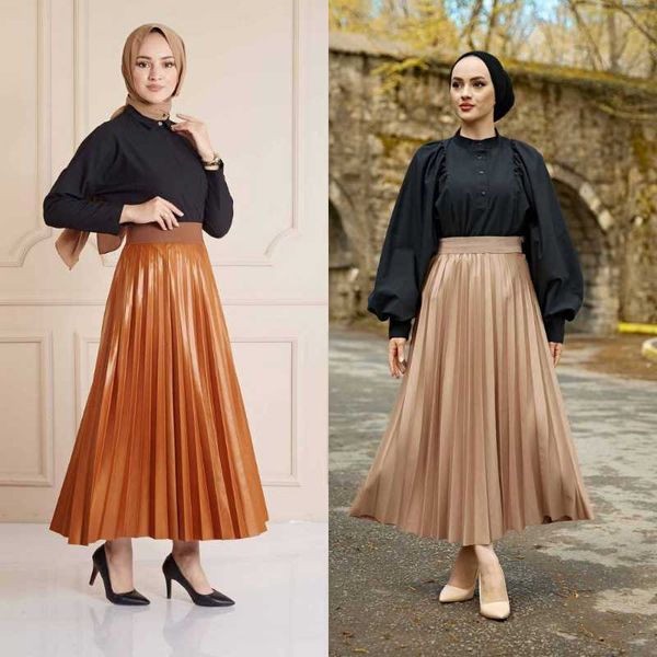 

ethnic clothing women leather look pleated skirt muslim hijab dubai fashion arabia abaya ramadan islamic season 100% made in turkey, Red