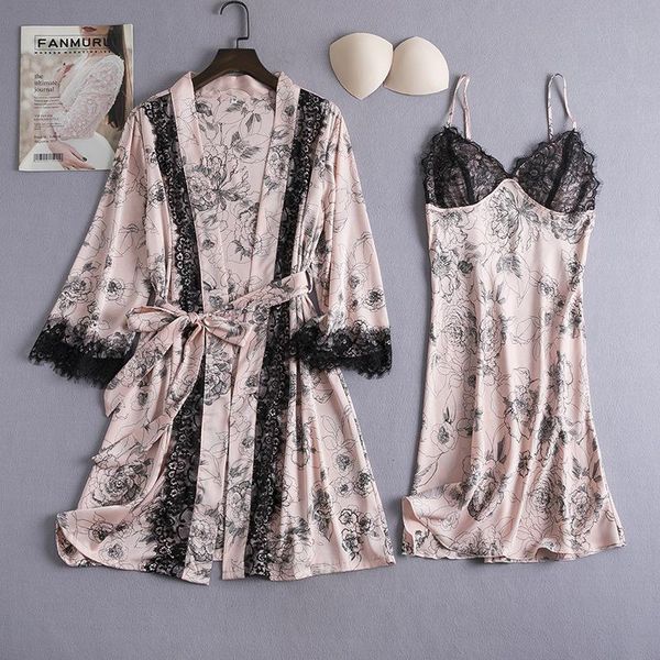 

women's sleepwear kimono robe set satin nightwear 2pcs sleep summer printed lace home clothing intimate lingerie, Black;red