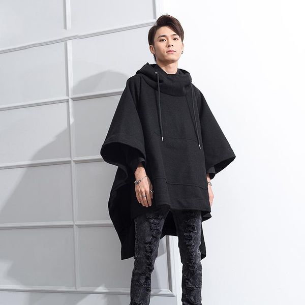 

men's wool & blends m-4xl vintage woolen cape cloak jacket bat-style shawl-style winter coat student dark hooded long section, Black