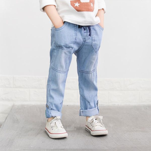 

jeans est sale boys casual western style trousers middle and small children's thin denim pants cuffed with buttons kids fashion, Blue