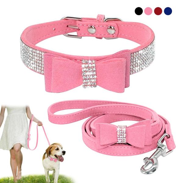 

bling bowknot suede leather rhinestone dog collar and leash set pet puppy cat chihuahua pink collars for small medium dogs cats & leashes