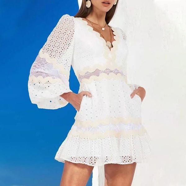 

casual dresses a-line dress 2021 autumn arrival women white black v-neck flare sleeve hollow out lace dreses, Black;gray