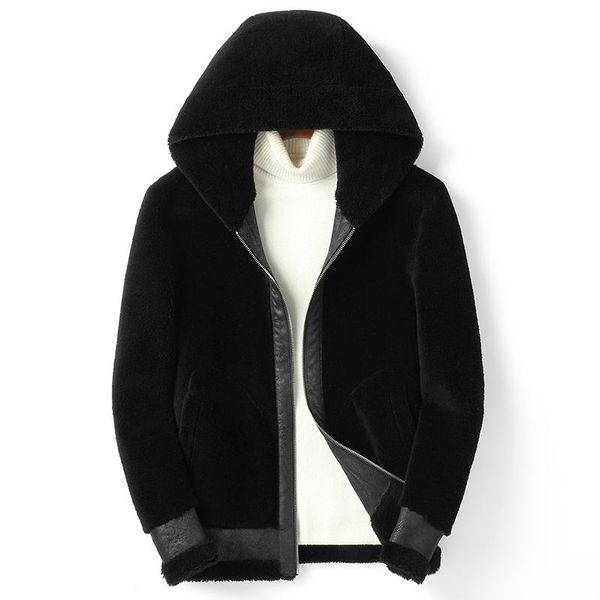 

men's leather & faux cashmere coat fur integrated short hood genuine clothes lamb winter jacket thick, Black