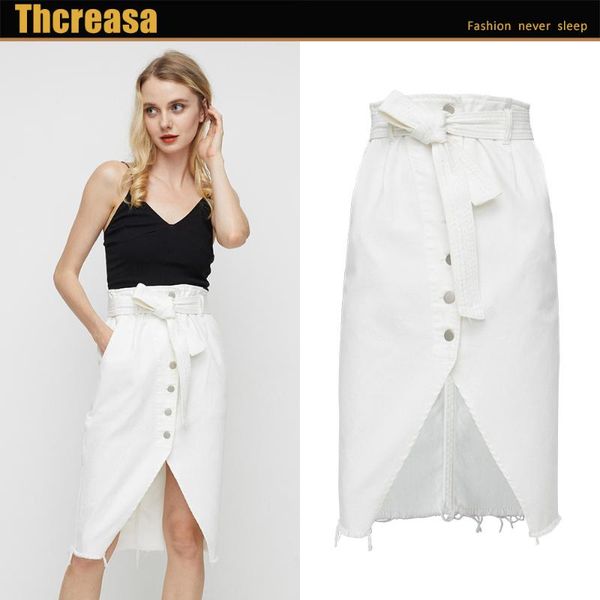 

summer european and american personality design long irregular split hem with belt buttocks denim skirt women's jeans, Blue