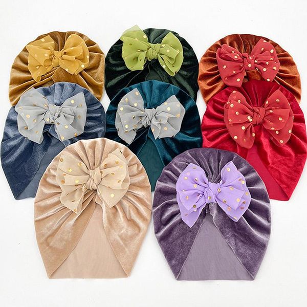 

caps & hats gold velvet baby turban hat big bowknot lace dot born bonnet for girl solid color elastic kids infant beanies, Yellow
