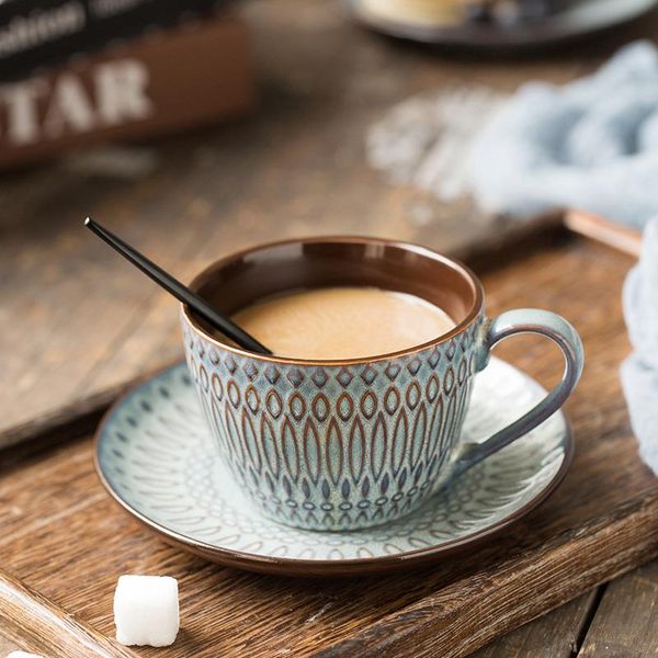 

vintage unique ceramic embossed coffee cup and saucer set creative milk tea cups latte party home drinkware & saucers