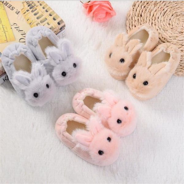 

children cotton shoes kids home slippers boys and girls baby ears plush ball thickening warm indoor slipper, Black;grey