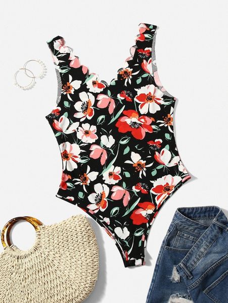 

plus floral print scallop bodysuit a9a1#, Black