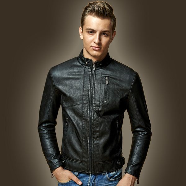 

Pure color without picture stitching motorcycle wind men's leather jacket high-quality stand-up collar retro comfortable windproof travel commute, Black