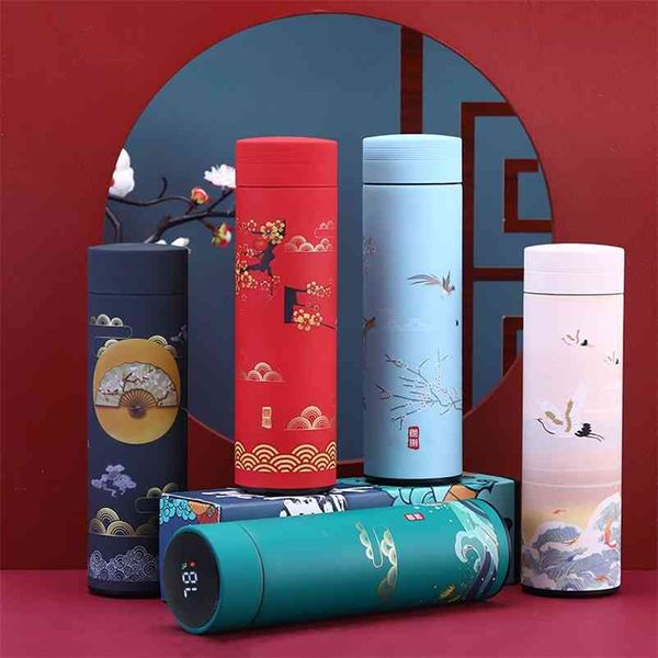 Chinesische Art-Thermo-Flaschen-Cup-Smart-Temperaturanzeige Trinkwasser-Wärme-Halte-Vakuumflasche für Thermos-Becher-Tassen 500 ml 210913