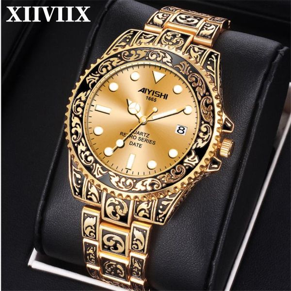 

wristwatches xiiviix men's vintage watch gold stainless steel quartz wristwatch waterproof luminous clock relogio masculino, Slivery;brown